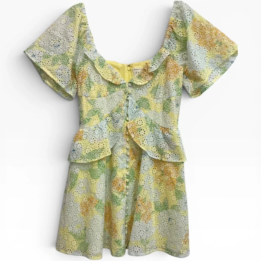 NWT Sabo Skirt Floral Eyelet Mini Dress Lined Yellow Green Cotton Peplum 8 - Picture 3 of 7